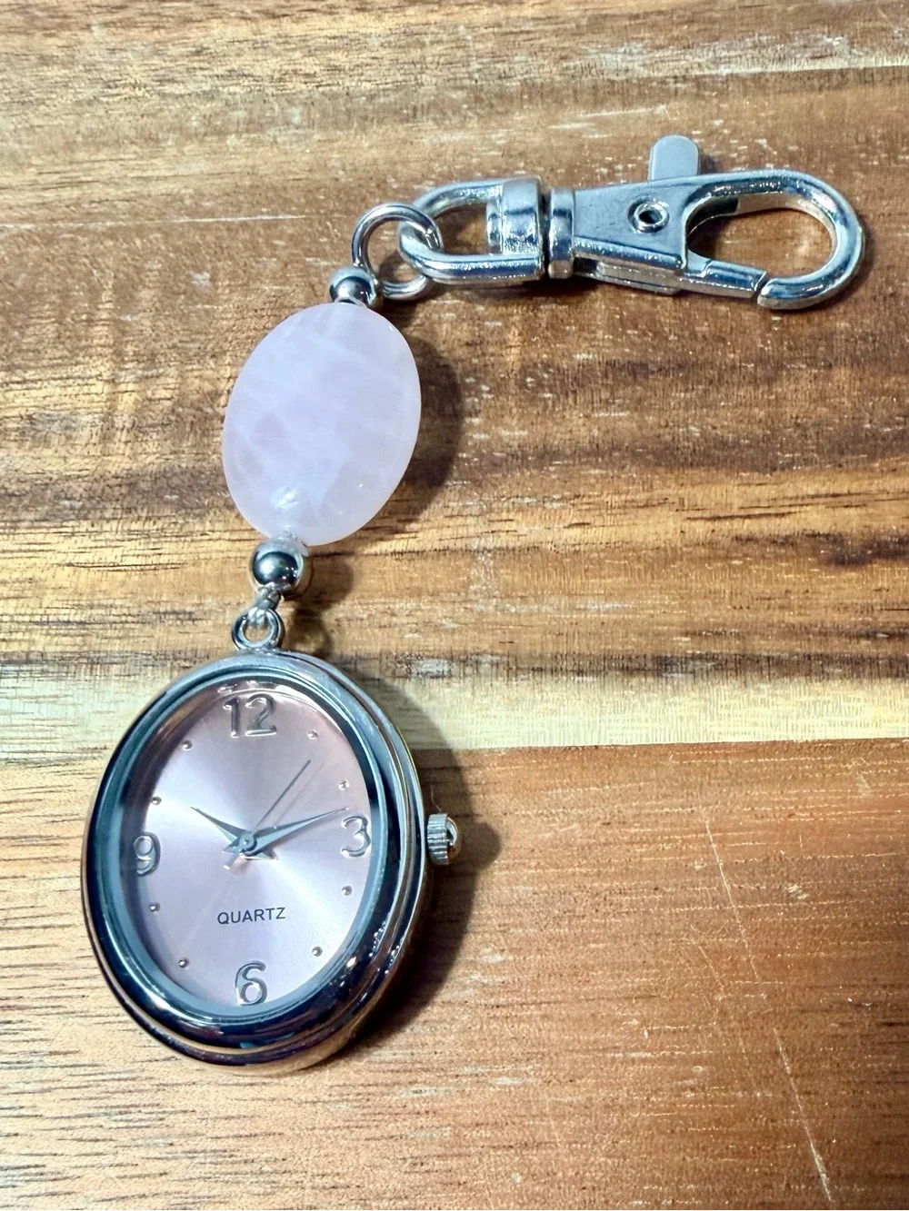 Vintage Avon Pink Dial Keychain Watch with Rose Quartz Accent